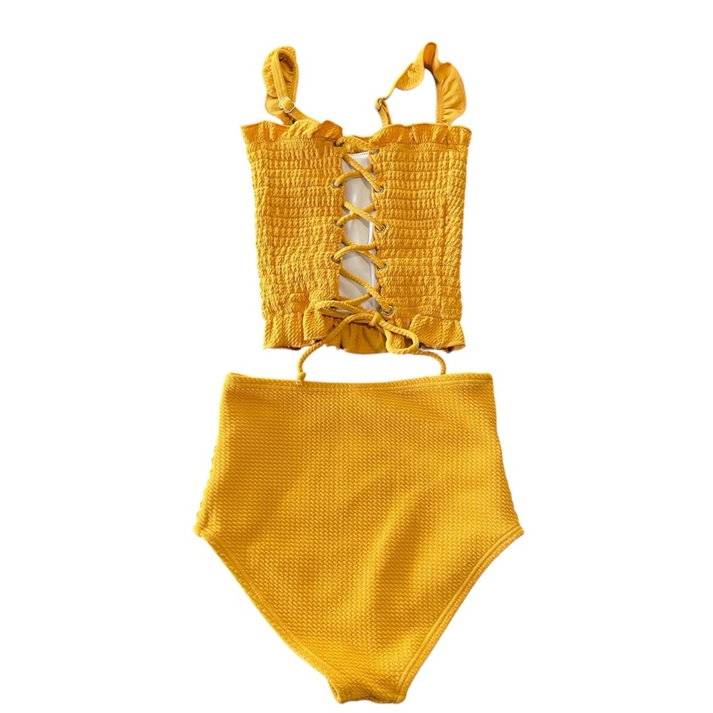 Girls Rad Swim High Waisted Smocked Swimsuit | Mustard Yellow | Size 8 - Picture 2 of 6